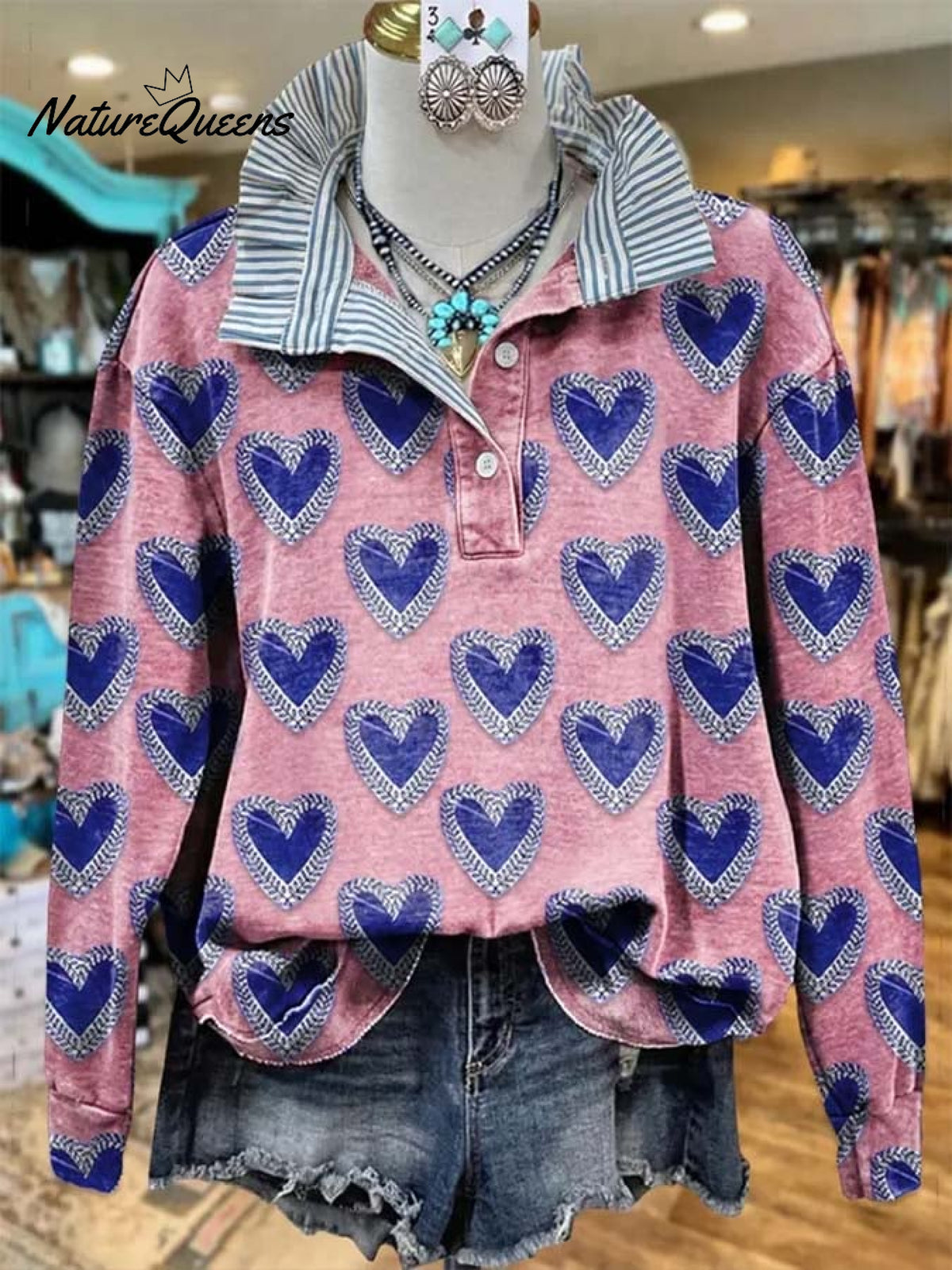 Women'S Casual Color-Block Heart Print Hooded Sweatshirt Set