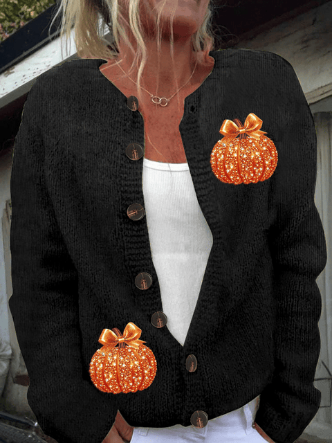 Women's Autumn Sequin Pumpkin Print Cardigan Sweater