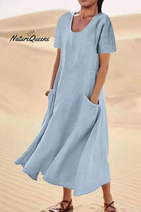 Jfn Cotton & Linen Solid Color Loose Casual Pocket Dress Sky Blue / S(6 - 8)