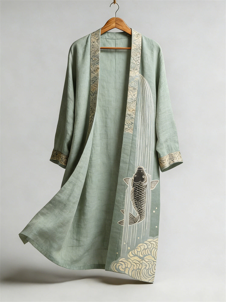 Japanese Koi Carp Fish Upstream Flowy Linen Long Kimono