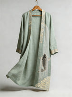 Japanese Koi Carp Fish Upstream Flowy Linen Long Kimono