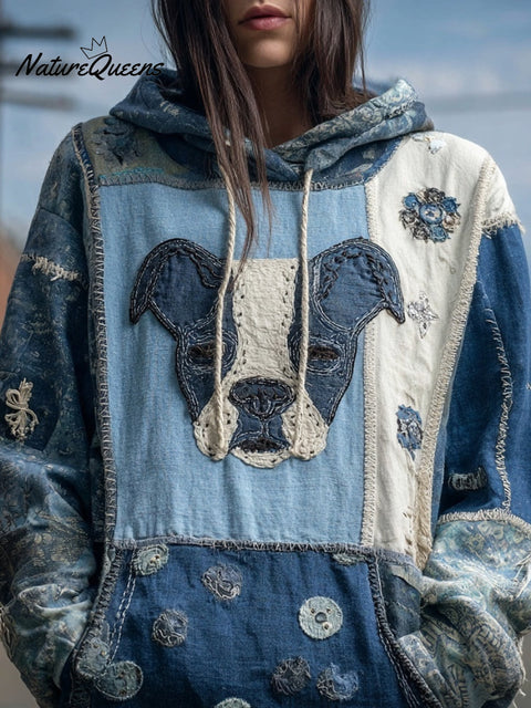 Cute Dog Boho Floral Embroidered Patchwork Washed Hoodie