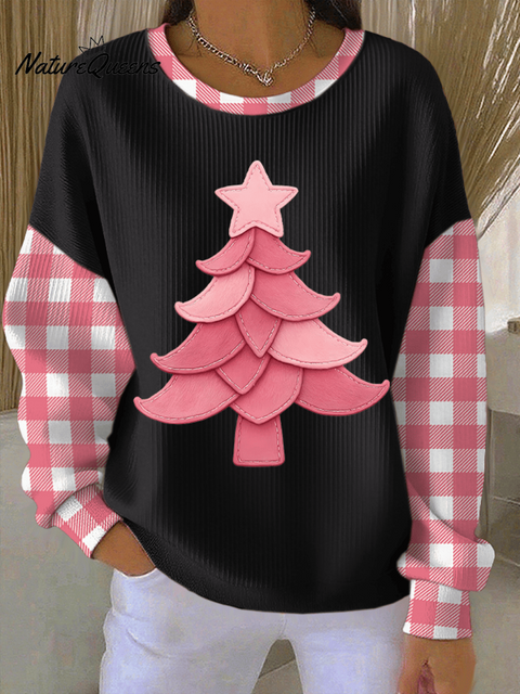 Women's Christmas Tree Print Knitted Crew Neck Long Sleeve Top