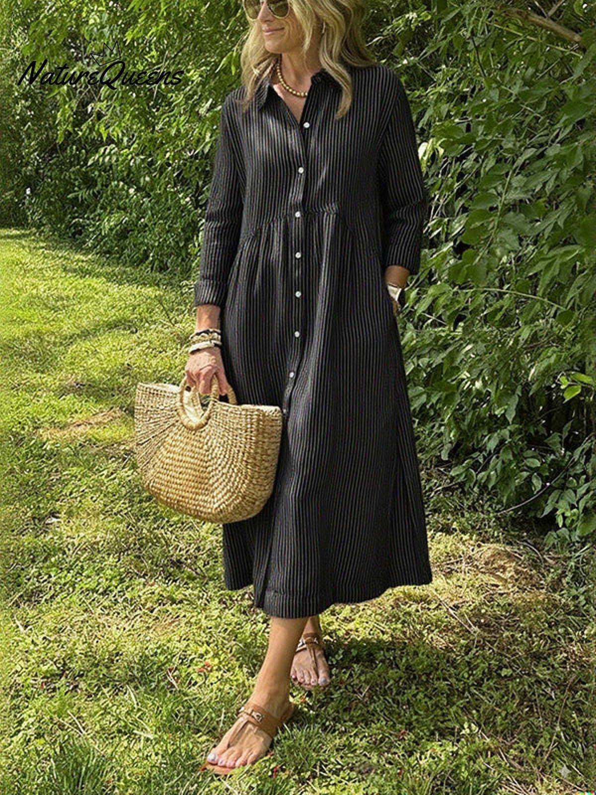 NEW🔥 Long Sleeve Striped Lapel Button Down Dress