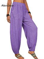 Casual Plain Loose Cotton Harem Pants Purple / S