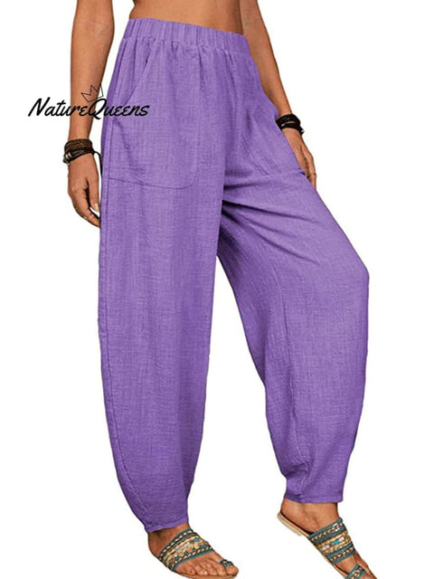 Casual Plain Loose Cotton Harem Pants Purple / S