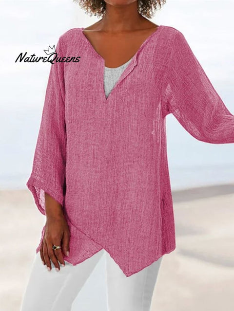 Jfn Cotton & Linen Asymmetric Hem Loose Fit Long Sleeve Shirts Tunic Top Pink / S(4)