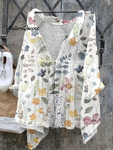 Women’s Floral Print Casual Cotton Linen Shirt White / S