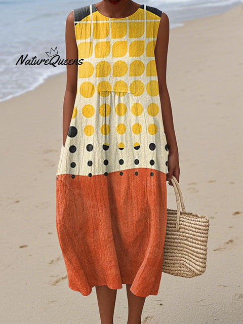 Women's Retro Abstract Geometric Print Cotton and Linen Dress