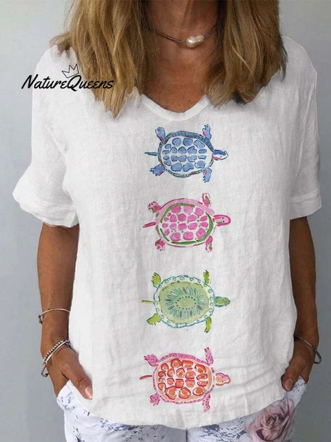 Women's Turtle Watercolor Pattern Print Cotton And Linen Top