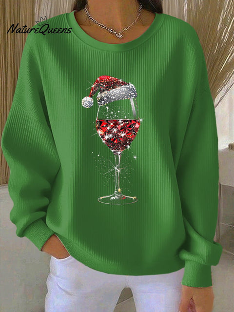 Women's Retro Christmas Red Wine Glass Print Round Neck Sweatshirt