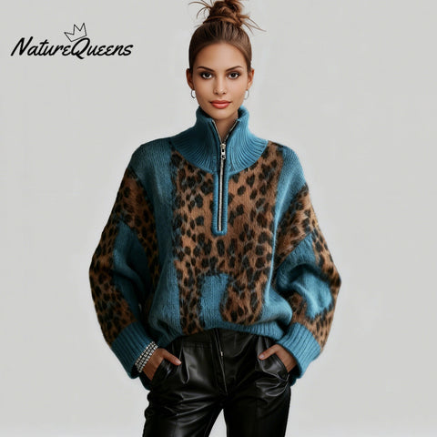 Women's Blue Leopard Print Half-Zip Stand Collar Long Sleeve Loose Knit Sweater