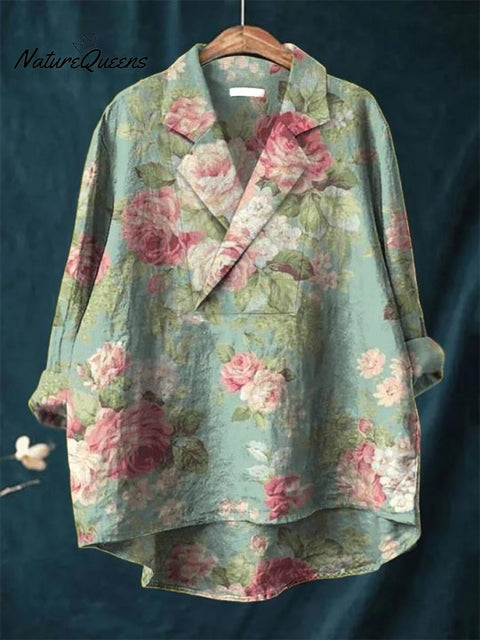 Women's Printed Casual Cotton and Linen Long Sleeve Shirt