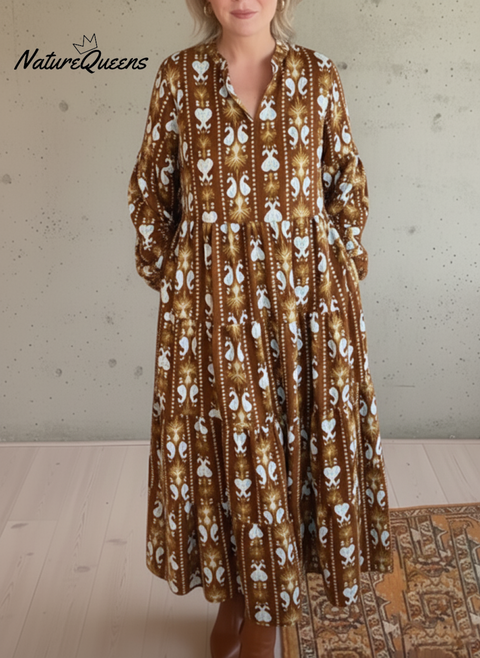 Women's Retro Vertical Striped Floral Print V-Neck Midi Dress