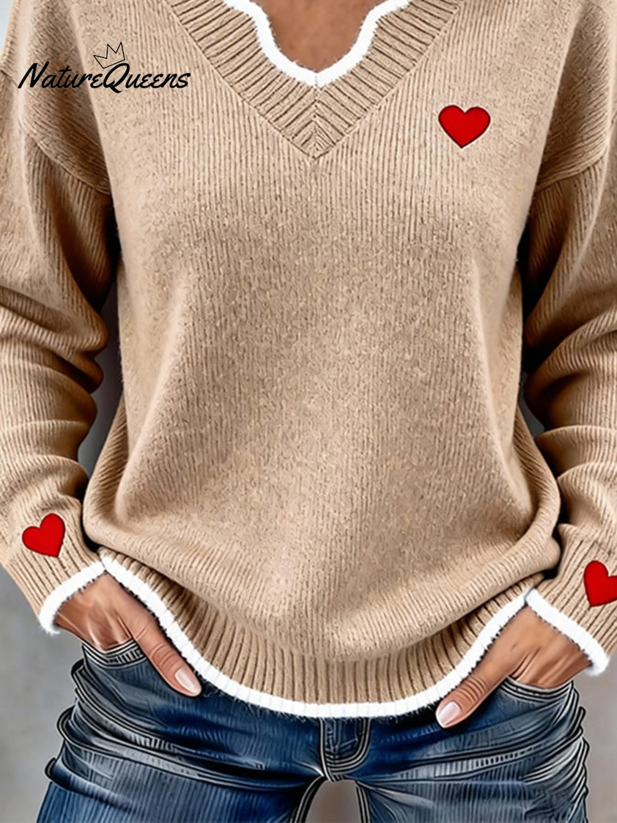 Women'S Casual V-Neck Long-Sleeved Top With A Heart Design.
