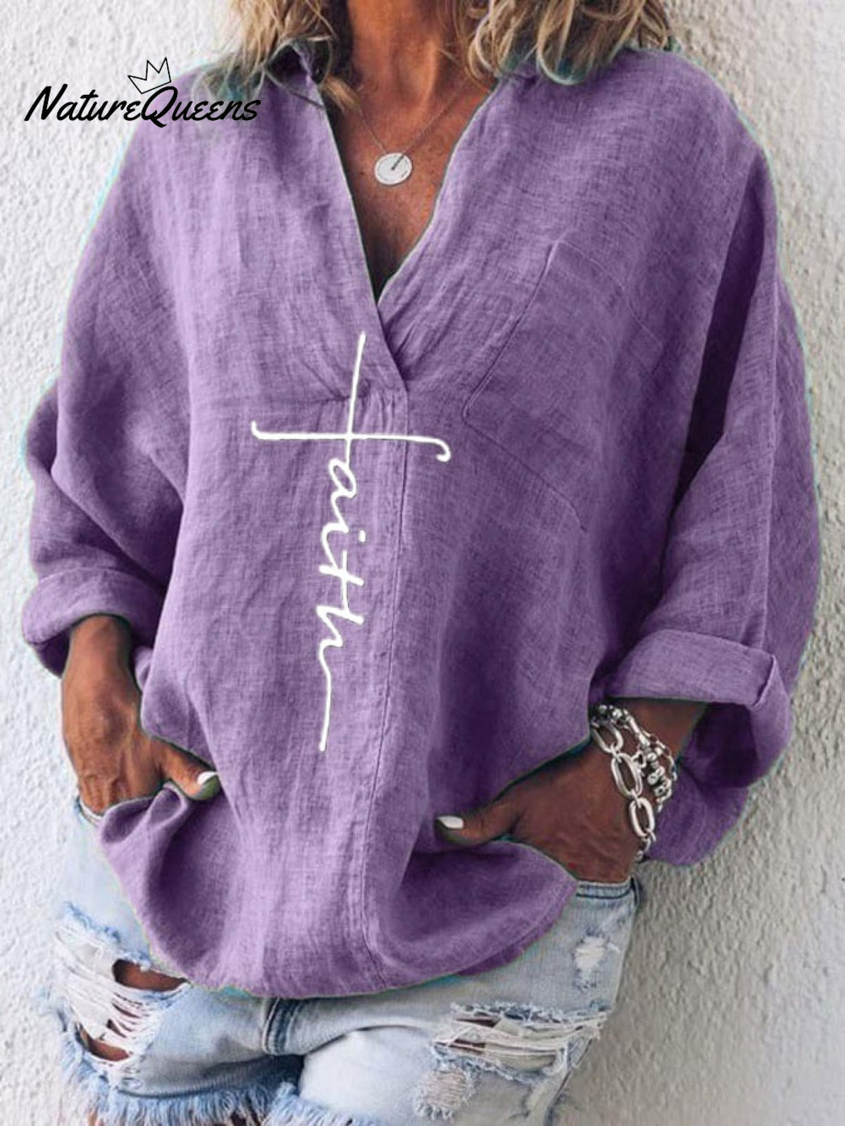 Women's Faith Printed Casual Long Sleeve V-Neck Cotton And Linen Shirt