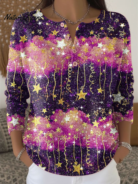Starry Sky Stars Pattern Print Henley Neck Sparkling Sequin Sweater