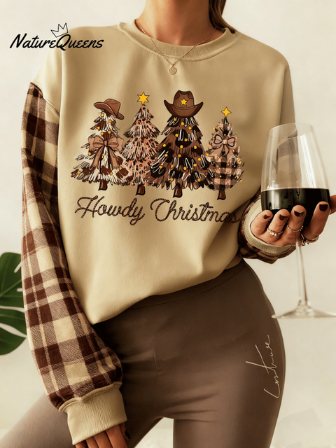 Women's Winter Retro Western Cowboy Christmas Tree Plaid Contrast Sleeve Print Crew Neck Sweatshirt
