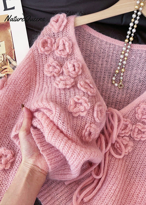 Women Pink V Neck Stereoscopic Floral Knit Cardigans Fall