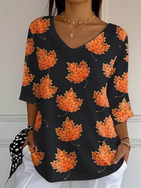 Women's Autumn Maple Leaf Print Jacquard Fabric Casual V-Neck Top