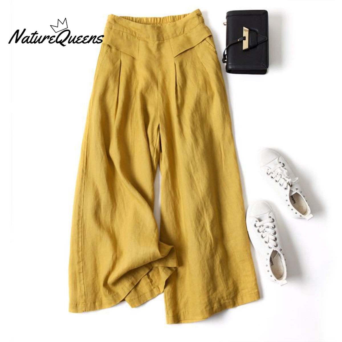 Cotton Linen Loose Semi - Elastic Cropped Pants