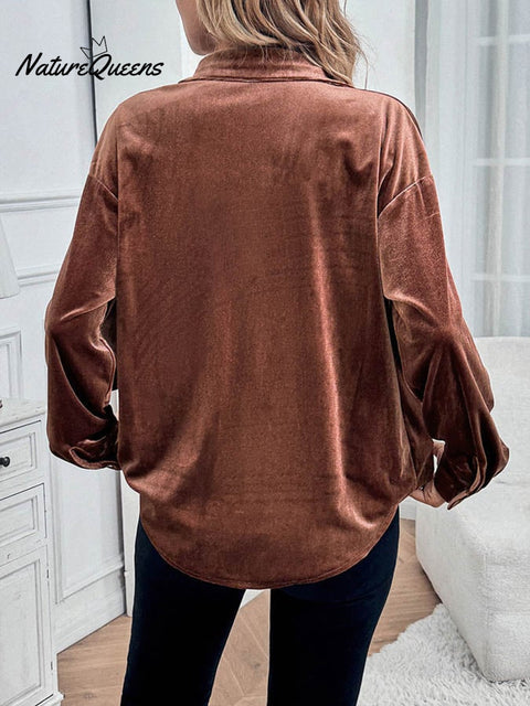 Women'S Casual Lapel Long-Sleeved Velvet Top