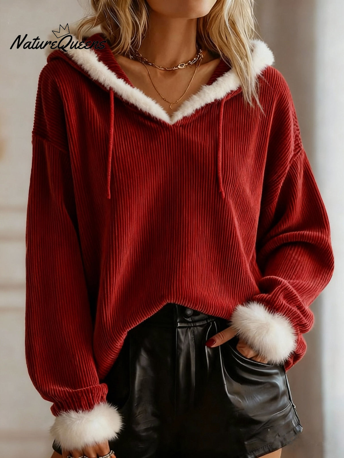 Women'S Casual Contrast Color Hooded Sweatshirt