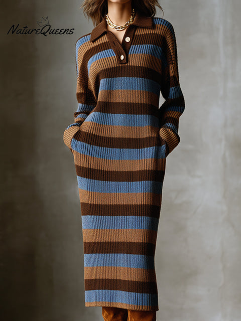 Artisan Horizon Earthy Stripes Ribbed Knit Midi Dress