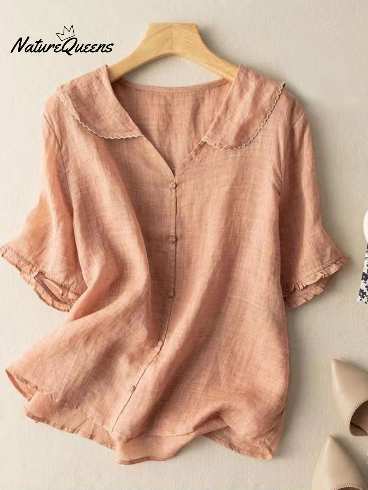 Cotton And Linen Retro Short Sleeved Navy Doll Collar Thin Shirt Orange / M