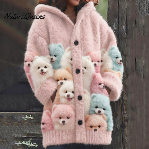 Colorful Pom Dogs Cozy Knit Hooded Cardigan