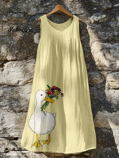 Cute Duck With Floral Art Linen Tank Dress