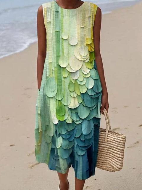 Women's Casual Contrast Printed Round Neck Sleeveless Dress