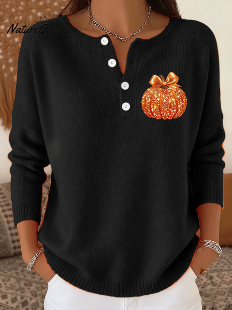 Women's Autumn Pumpkin Print Knit Button-Down Top