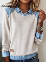 Women'S Casual Lapel Denim Stitching Pullover Sweatshirt
