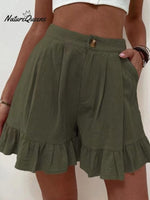 Women Summer Cotton Casual Plain Natural Ruffled Shorts Army Green / S(4)