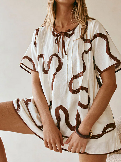 Marble Graffiti Cotton and Linen Top and Skirt Set