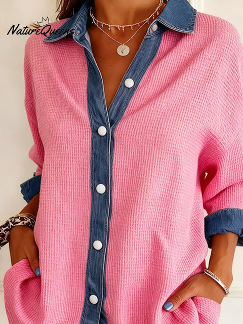 Women's Casual Lapel Waffle Panel Shirt