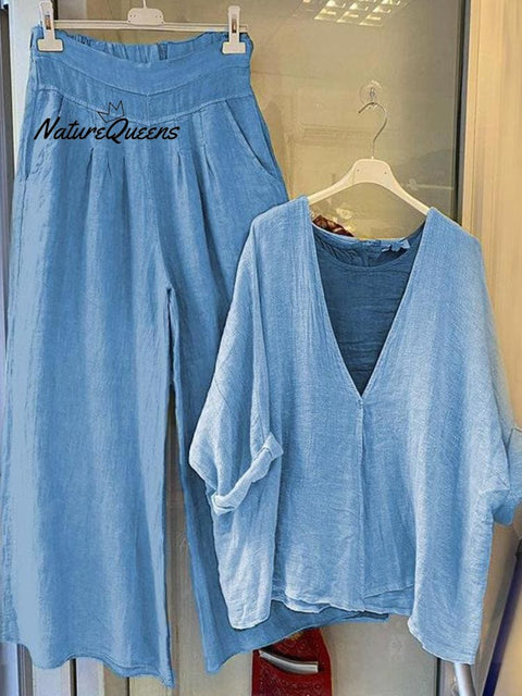 V Neck Top And Solid Color Trousers Set