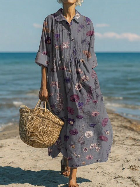 Women's Casual Cotton-Linen Peter Pan Collar 3/4 Sleeve Dress