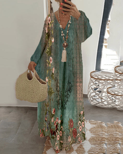 Women's Long Sleeve V-neck Retro Print Casual Long Dress