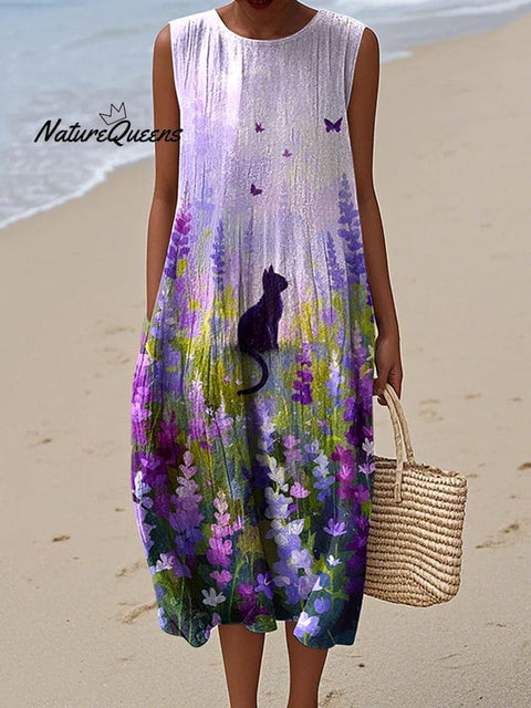 Women's Retro Purple Flowers Cat Art Linen Tank Dress