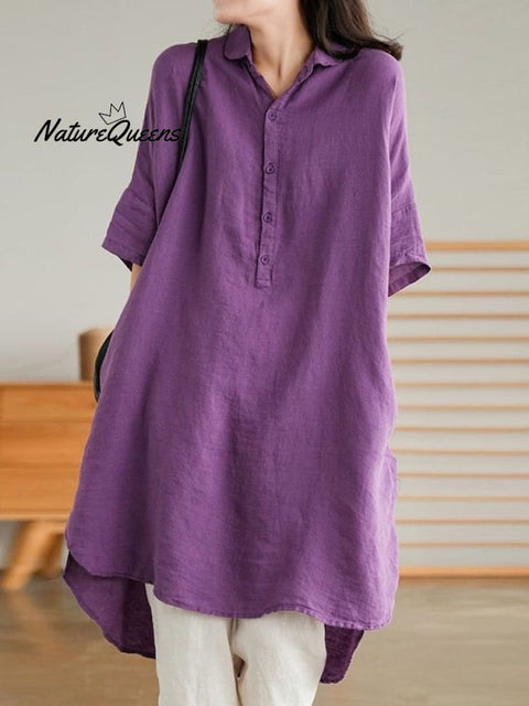Simple Loose Solid Color Mid Sleeve Lapel Shirt