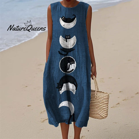 Lovely Black Cats Moon Phase Flowy Linen Dress