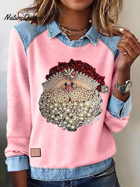 Women's Santa Head Printed Comfortable Denim Patchwork Sweatshirt