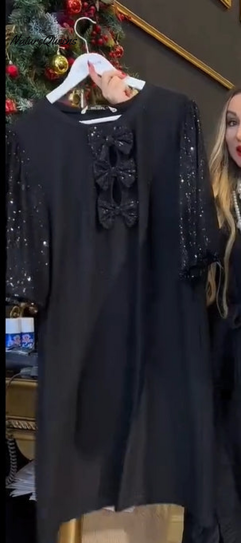 Women's Round Neck Sequin Dress with Bow✨