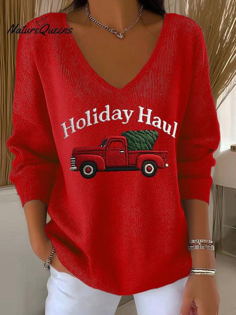 Women's Retro Red Truck Christmas Print Knit Top