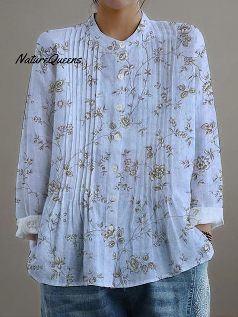 Women's Casual Loose Floral Cotton And Linen Shirt