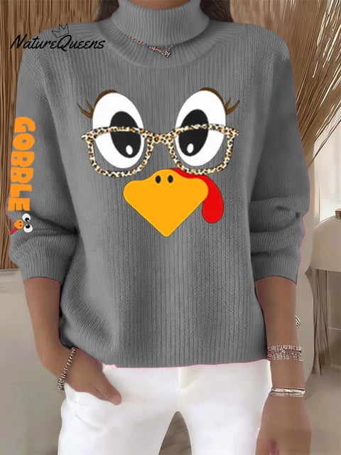 Women's Retro Thanksgiving Turkey Print Turtleneck Knit Top