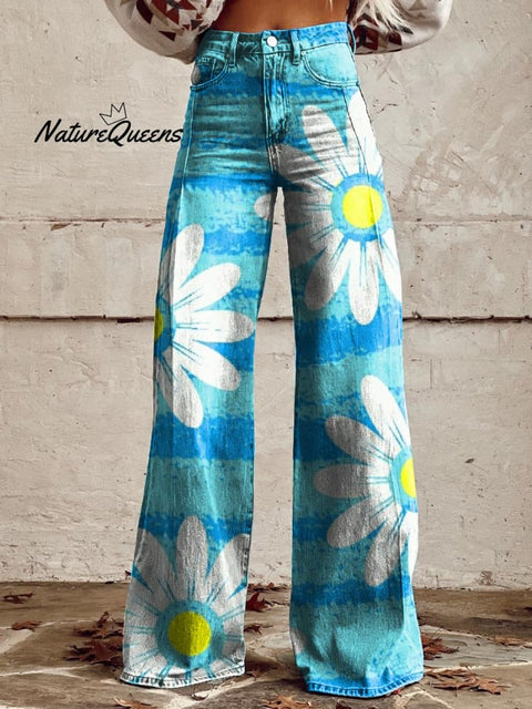 Women's Retro Color Daisy Art Casual Wide Leg Pants