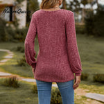 Women's Fall Button Scoop Neck Puff Long Sleeve Henley Shirts